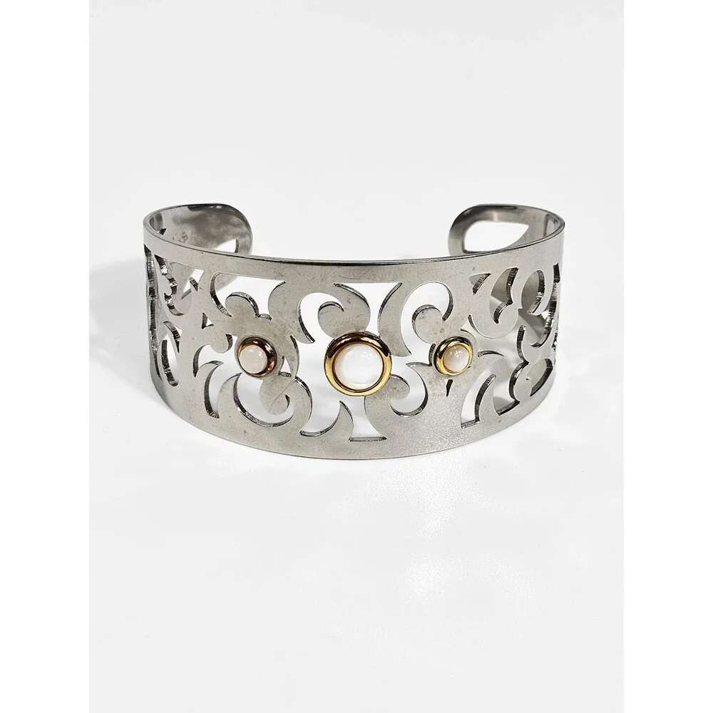 Milor Italy Stainless Steel Cutout Scroll Cuff Bracelet Mother of Pearl Vintage